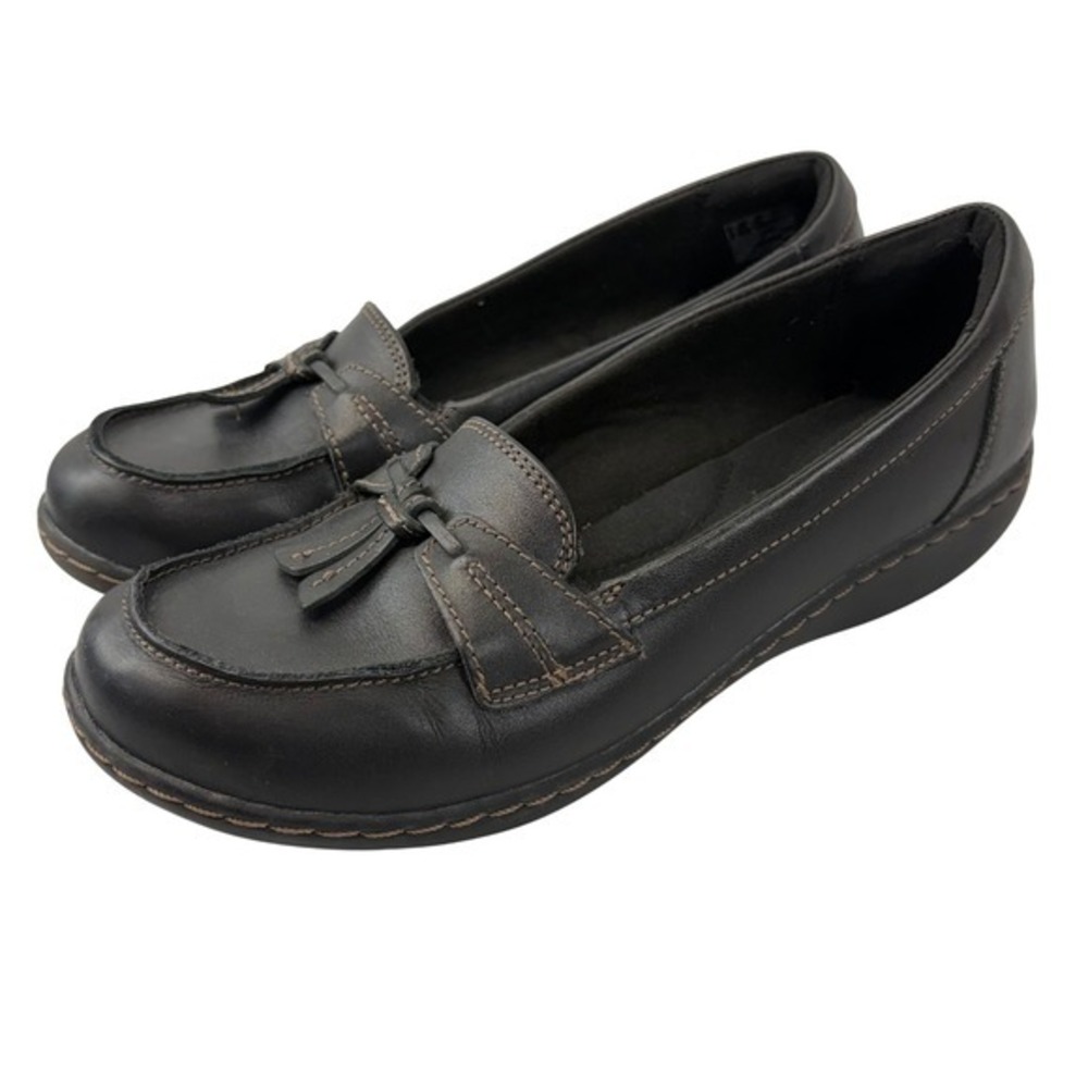 Clarks Womens‎ 8.5M Black Leather Loafers Tassel Slip-On Comfort Shoes Casual
